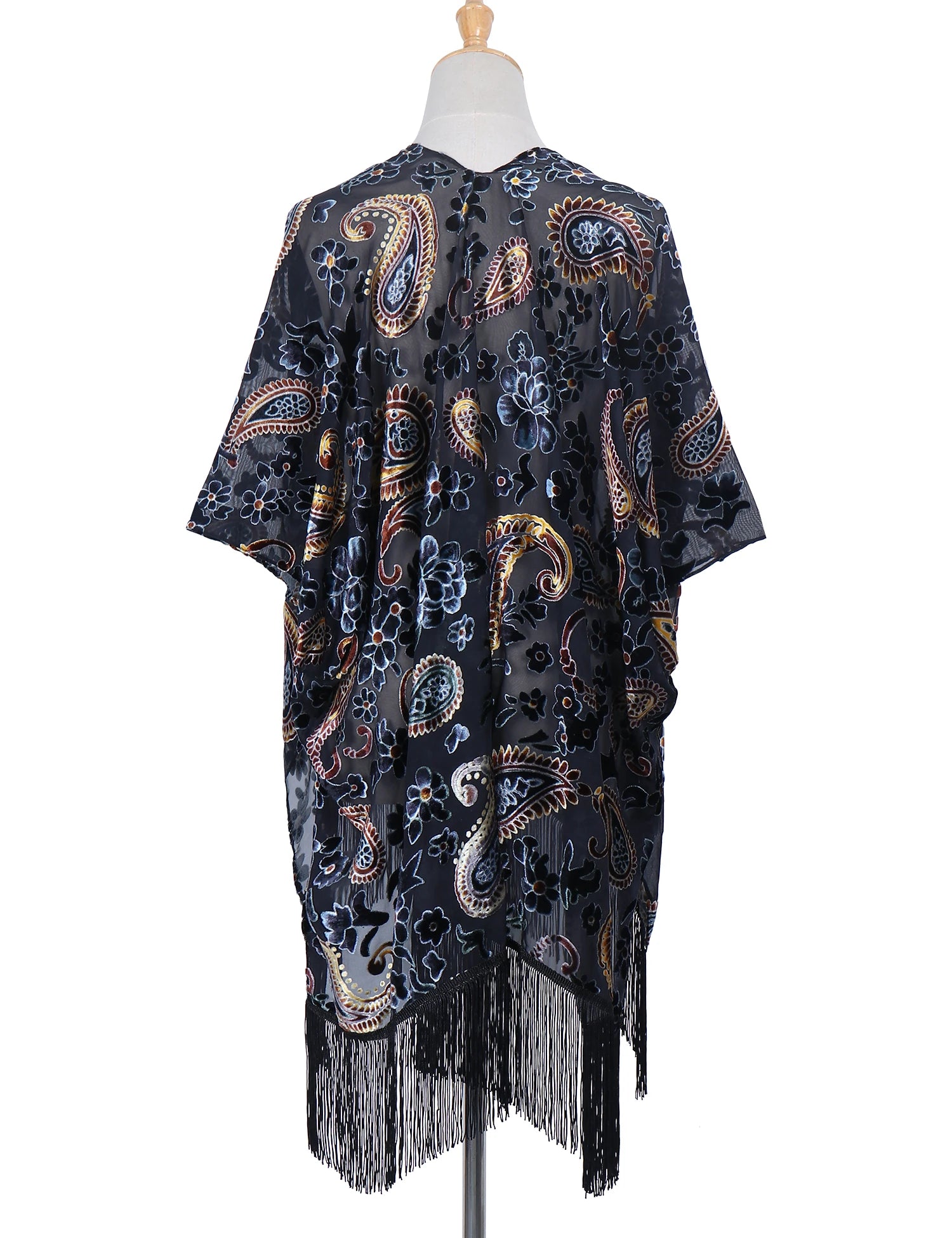 -Fashion Burnout Velvet Kimono with Tassels, Womens Burnout Velvet Kimono Duster, Holiday Casual Kimonos Cardigan