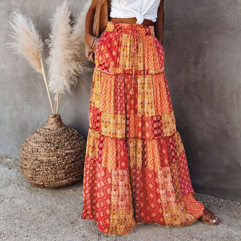 Women'S Summer Bohemian Y2K Retro Drawstring Elastic High Waist Casual Loose A-Line Swing Long Skirt with Pockets